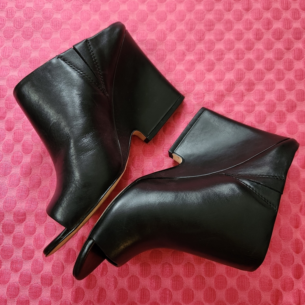 Sam Edelman Women's Black Wedges Genuine Leather Peep Toe Mules Size 8.5